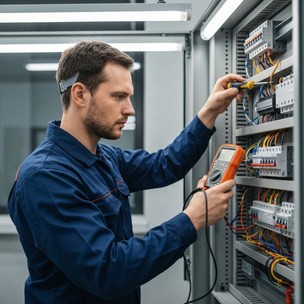 Professional electrician working on electrical panel